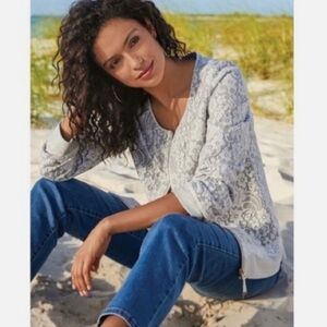 Soft Surroundings Laced Gray Full Zip Long Sleeve Sweater Jacket